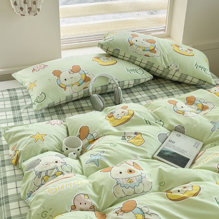 91家纺网 家纺一手货源 找家纺 可可家纺 2025新款印花卡通芦荟棉被套亲肤被罩单件小清新 夏日萌犬