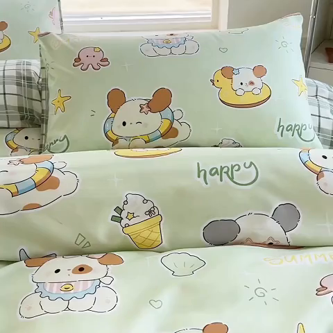 91家纺网 家纺一手货源 找家纺 可可家纺 2025新款印花卡通芦荟棉被套亲肤被罩单件小清新 夏日萌犬