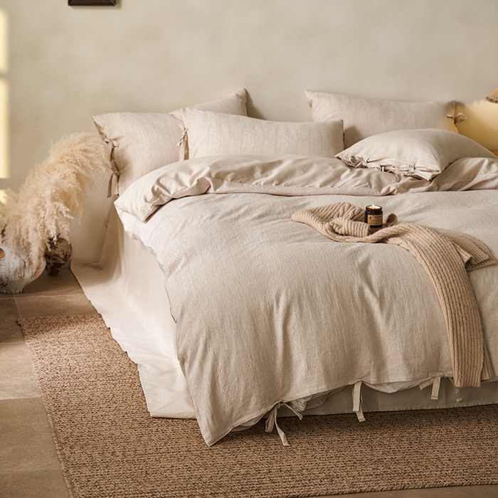 91家纺网 家纺一手货源 找家纺 （总）宜代光年 2025新款亚麻大提花贡缎磨毛四件套-侘寂风(控价268/288）