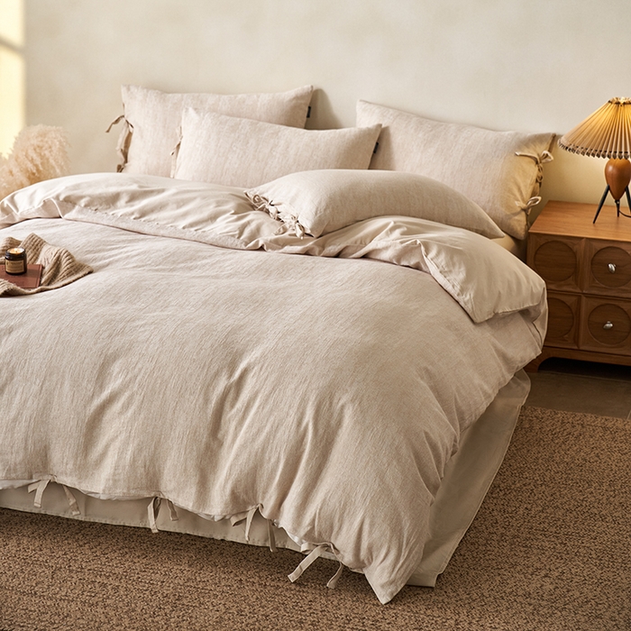 91家纺网 家纺一手货源 找家纺 （总）宜代光年 2025新款亚麻大提花贡缎磨毛四件套-侘寂风(控价268/288）