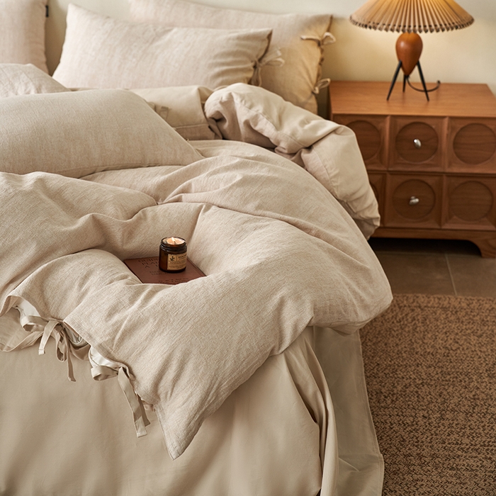 91家纺网 家纺一手货源 找家纺 （总）宜代光年 2025新款亚麻大提花贡缎磨毛四件套-侘寂风(控价268/288）