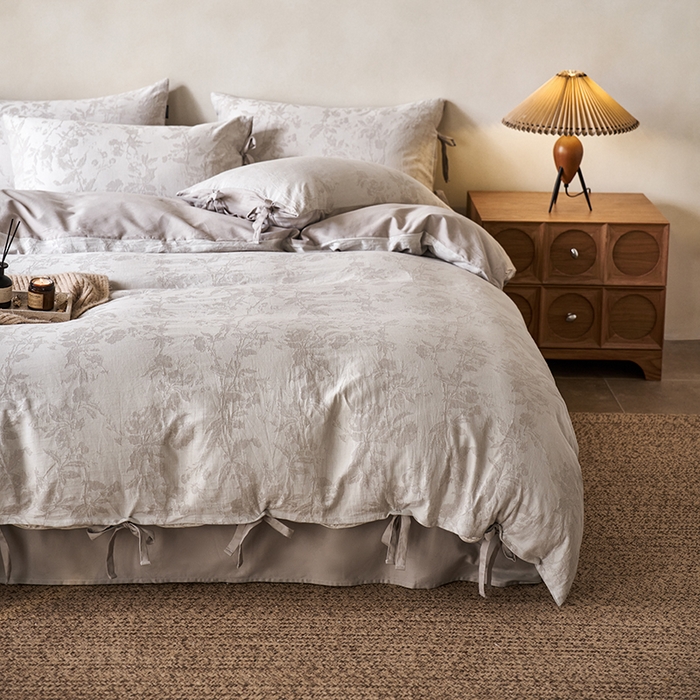 91家纺网 家纺一手货源 找家纺 （总）宜代光年 2025新款亚麻大提花贡缎磨毛四件套-侘寂风(控价268/288）