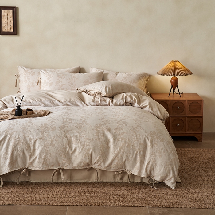 91家纺网 家纺一手货源 找家纺 （总）宜代光年 2025新款亚麻大提花贡缎磨毛四件套-侘寂风(控价268/288）