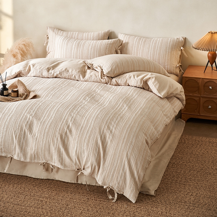 91家纺网 家纺一手货源 找家纺 宜代光年 2025新款亚麻大提花贡缎磨毛四件套-侘寂风 素简