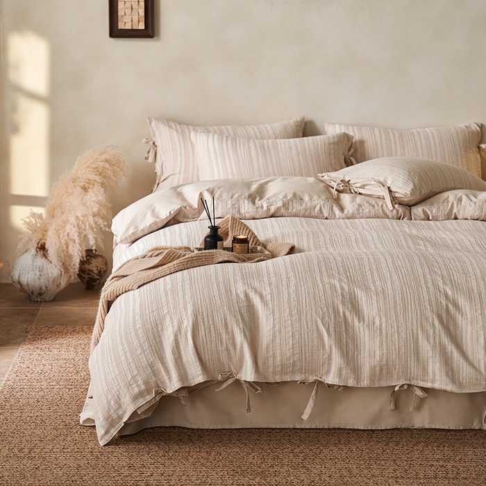 91家纺网 家纺一手货源 找家纺 宜代光年 2025新款亚麻大提花贡缎磨毛四件套-侘寂风 素简