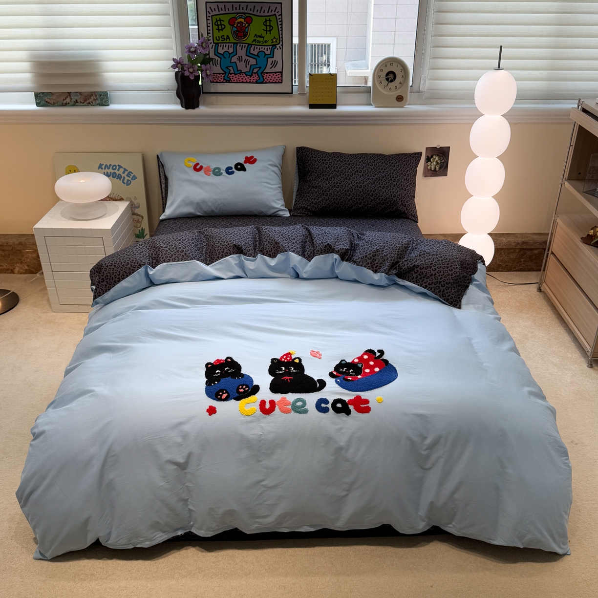 91家纺网 家纺一手货源 找家纺 怡家居 2025新款全棉纯棉印花加绣花四件套第二批 可爱猫咪