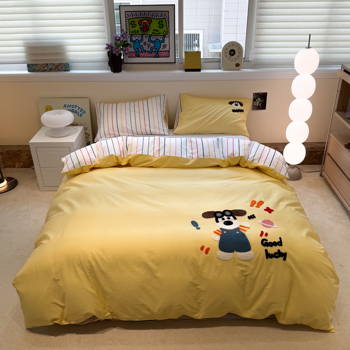 91家纺网 家纺一手货源 找家纺 怡家居 2025新款全棉纯棉印花加绣花四件套第二批 墨镜狗狗