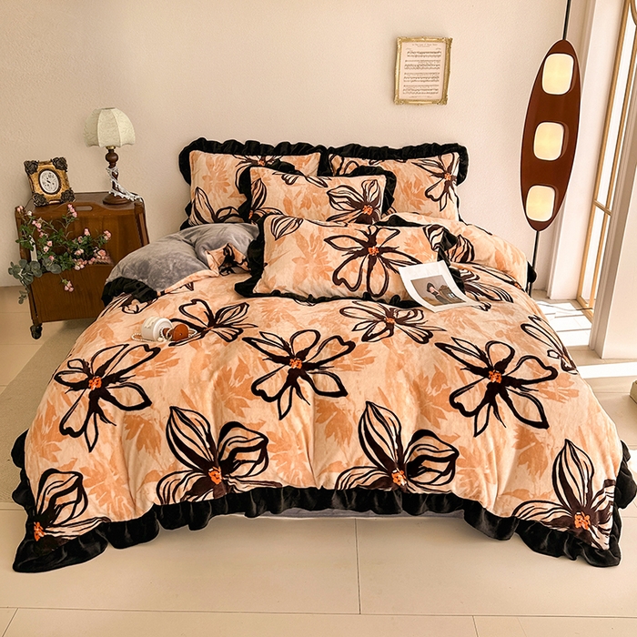 91家纺网 家纺一手货源 找家纺 佳一 2025新款赫本风牛奶绒床裙款花边四件套 米兰春天