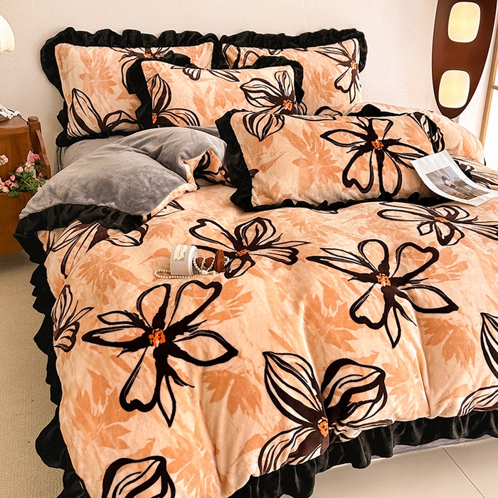 91家纺网 家纺一手货源 找家纺 佳一 2025新款赫本风牛奶绒床裙款花边四件套 米兰春天