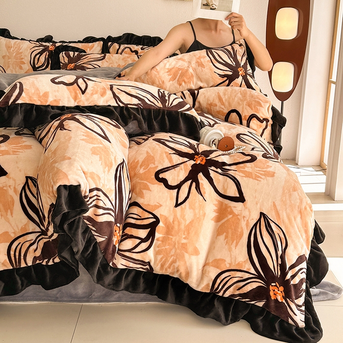 91家纺网 家纺一手货源 找家纺 佳一 2025新款赫本风牛奶绒床裙款花边四件套 米兰春天