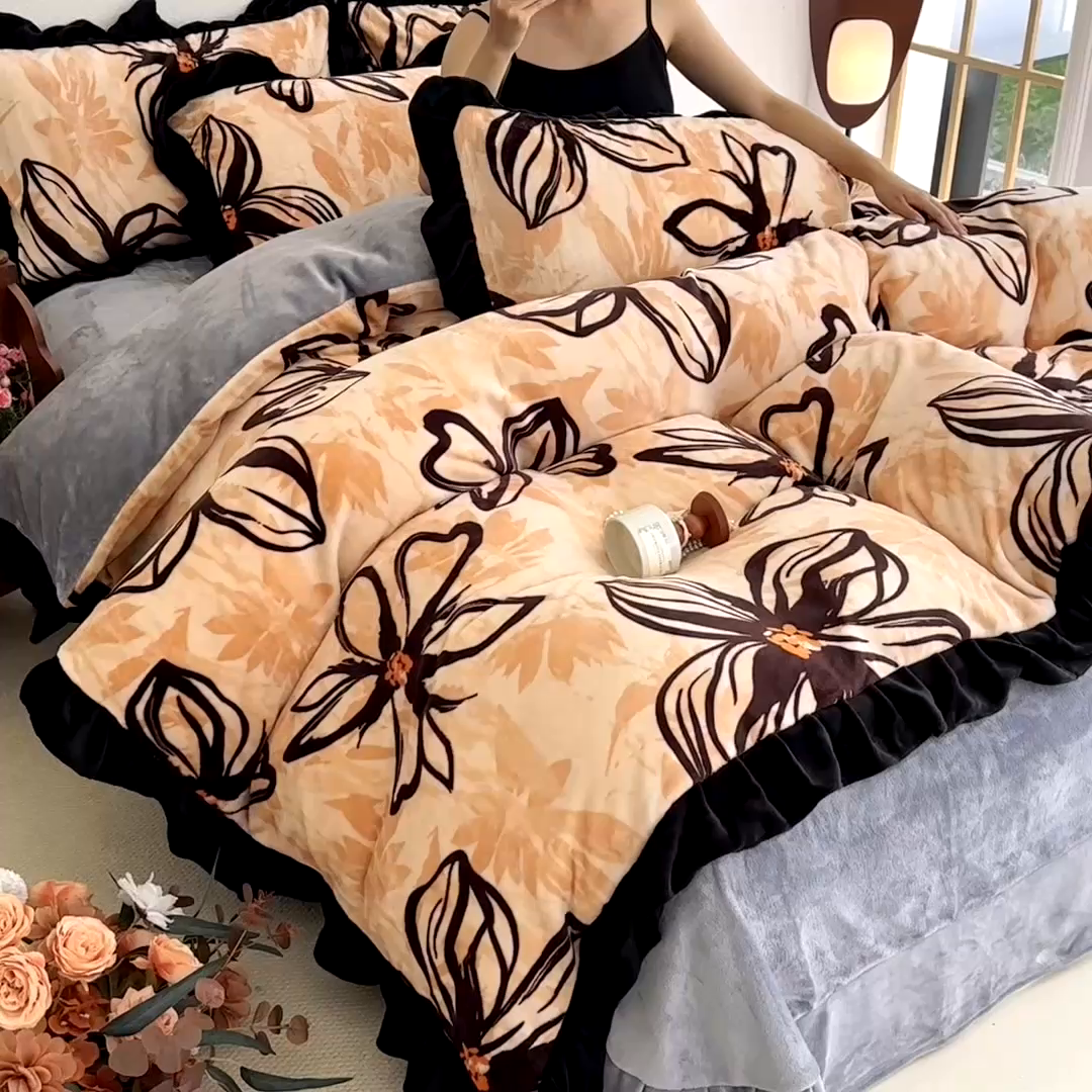 91家纺网 家纺一手货源 找家纺 佳一 2025新款赫本风牛奶绒床裙款花边四件套 米兰春天