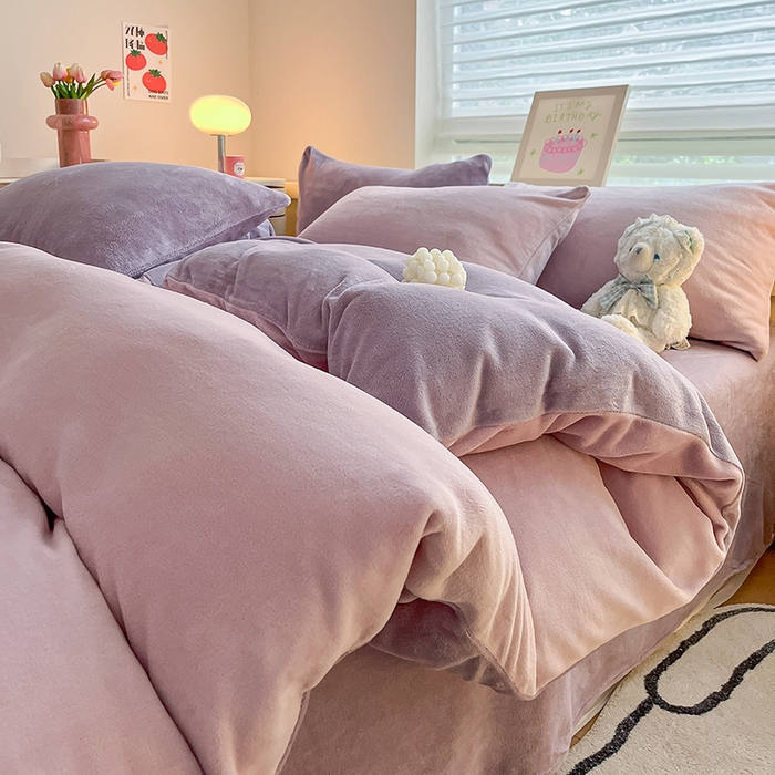 三朵家纺 2025秋冬新款法莱绒混搭系列四件套 淡紫+薰衣草