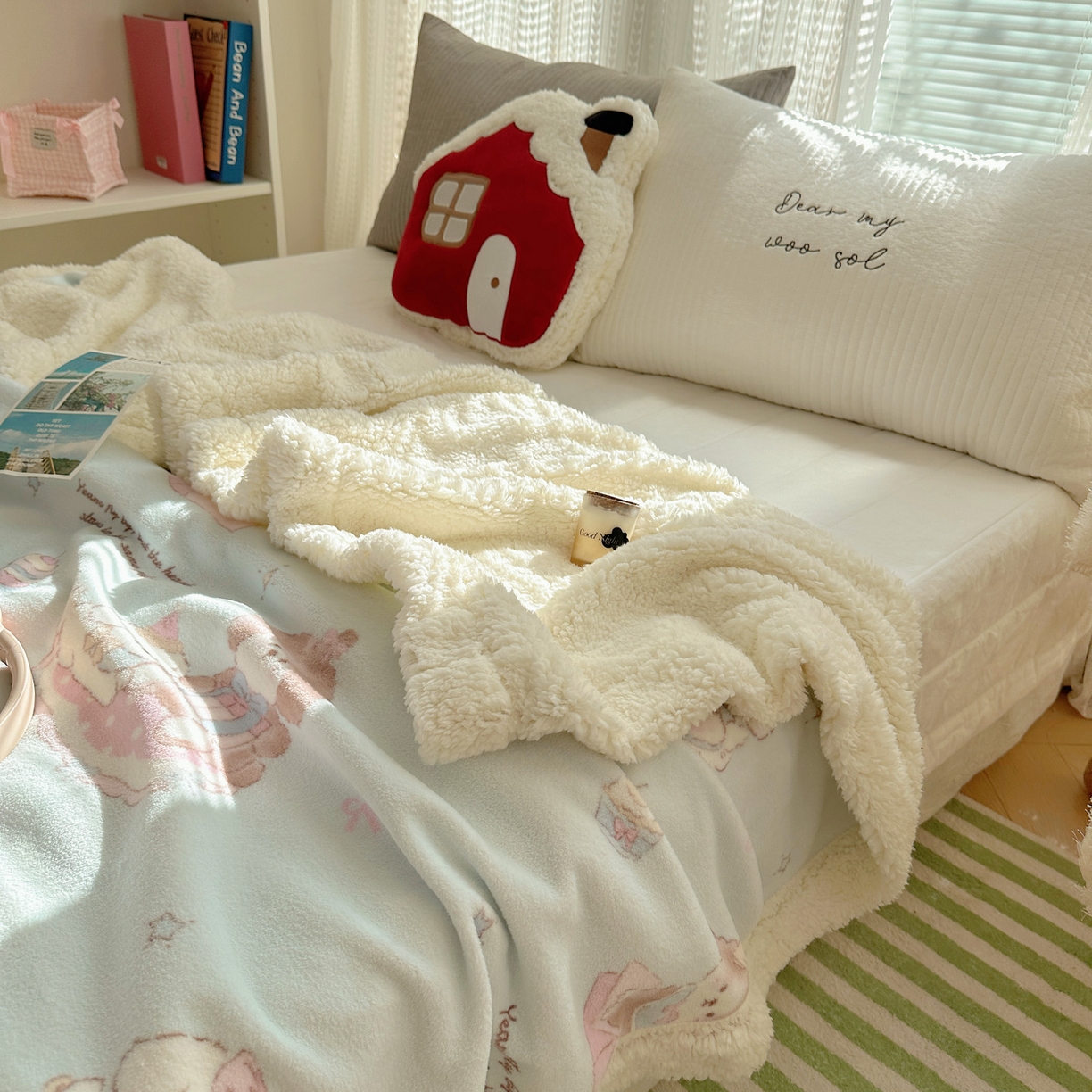 91家纺网 家纺一手货源 找家纺 六巷胡同 2025新款INS卡通A类牛奶绒羊羔绒毛毯毯子 蛋糕奶油犬