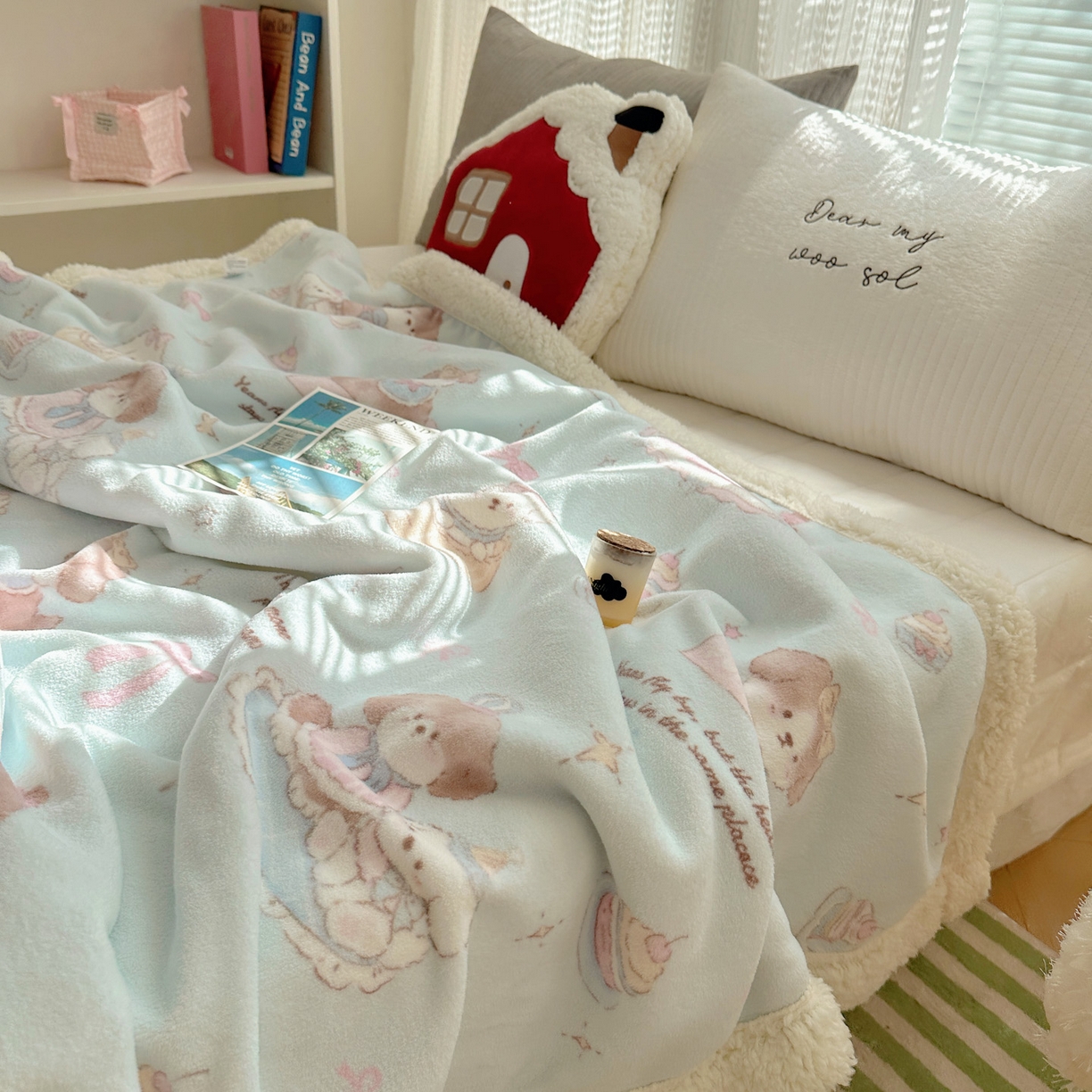 91家纺网 家纺一手货源 找家纺 六巷胡同 2025新款INS卡通A类牛奶绒羊羔绒毛毯毯子 蛋糕奶油犬