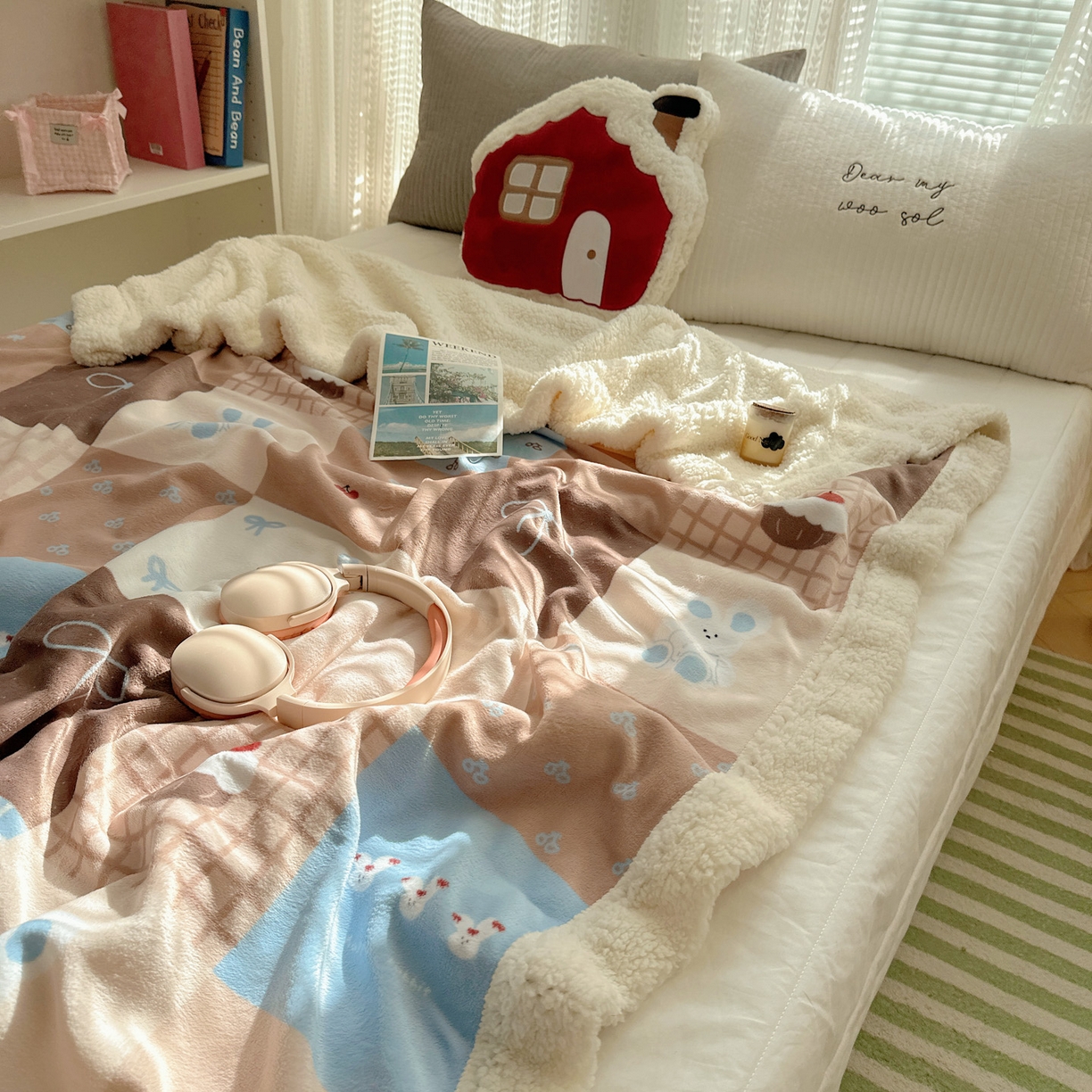 91家纺网 家纺一手货源 找家纺 六巷胡同 2025新款INS卡通A类牛奶绒羊羔绒毛毯毯子 格子美拉兔