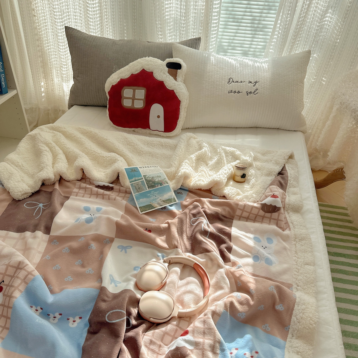 91家纺网 家纺一手货源 找家纺 六巷胡同 2025新款INS卡通A类牛奶绒羊羔绒毛毯毯子 格子美拉兔