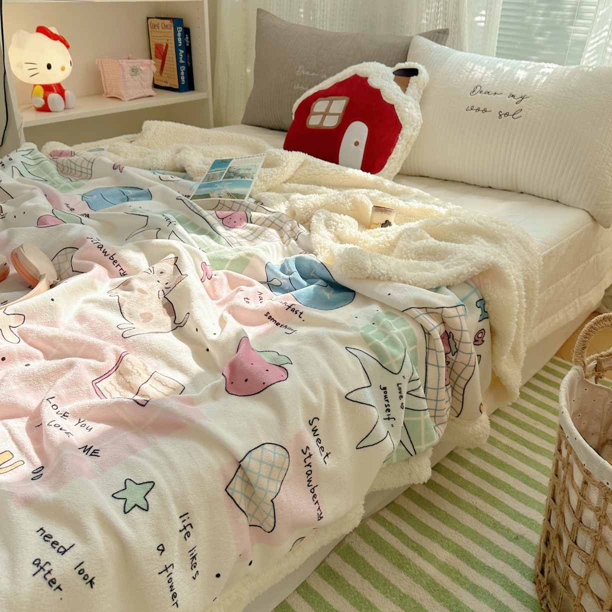 91家纺网 家纺一手货源 找家纺 六巷胡同 2025新款INS卡通A类牛奶绒羊羔绒毛毯毯子 假日露营记