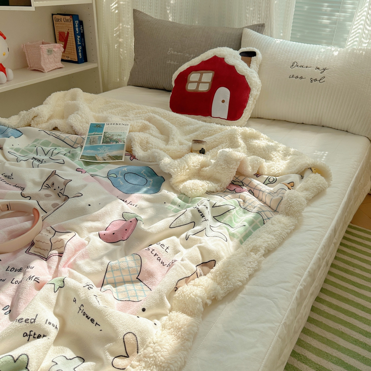 91家纺网 家纺一手货源 找家纺 六巷胡同 2025新款INS卡通A类牛奶绒羊羔绒毛毯毯子 假日露营记