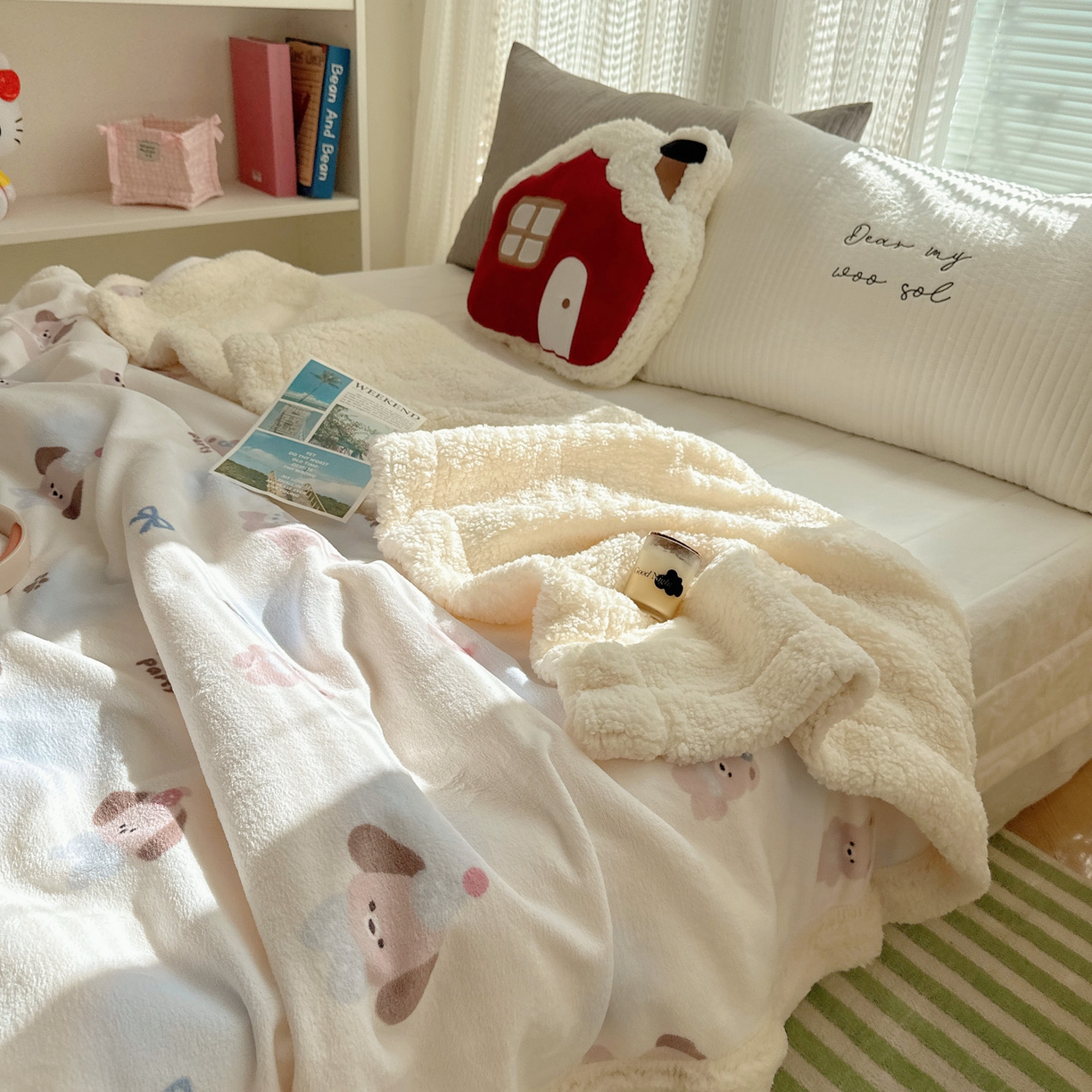 91家纺网 家纺一手货源 找家纺 六巷胡同 2025新款INS卡通A类牛奶绒羊羔绒毛毯毯子 蓝波点奶狗