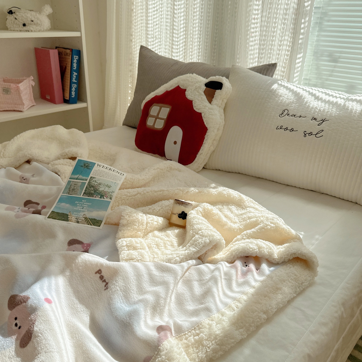 91家纺网 家纺一手货源 找家纺 六巷胡同 2025新款INS卡通A类牛奶绒羊羔绒毛毯毯子 蓝波点奶狗