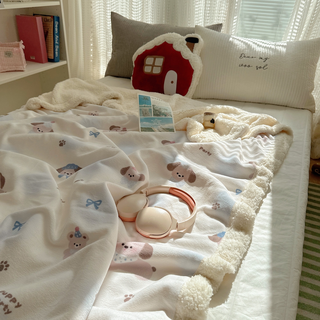 91家纺网 家纺一手货源 找家纺 六巷胡同 2025新款INS卡通A类牛奶绒羊羔绒毛毯毯子 蓝波点奶狗