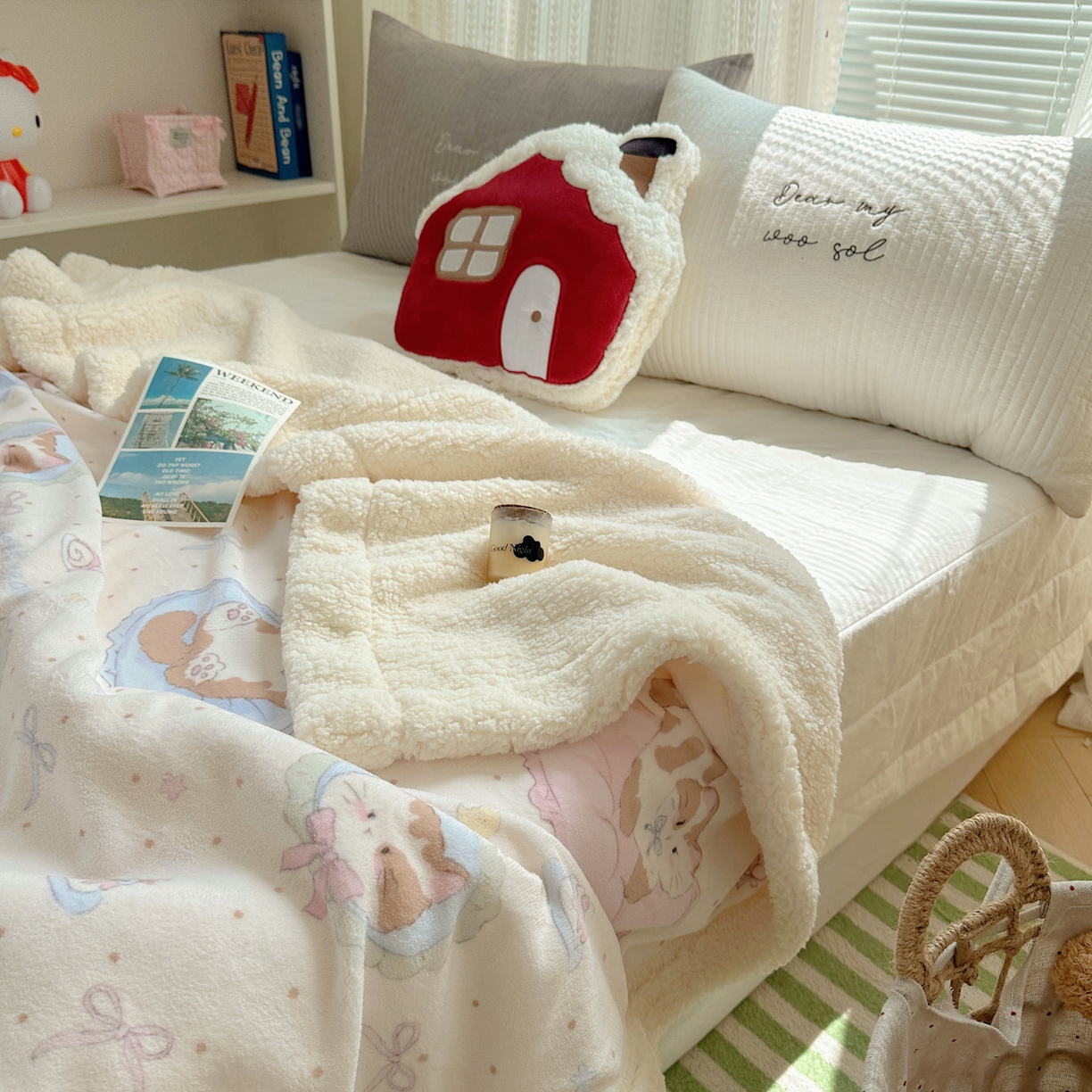 91家纺网 家纺一手货源 找家纺 六巷胡同 2025新款INS卡通A类牛奶绒羊羔绒毛毯毯子 萝莉猫咪崽