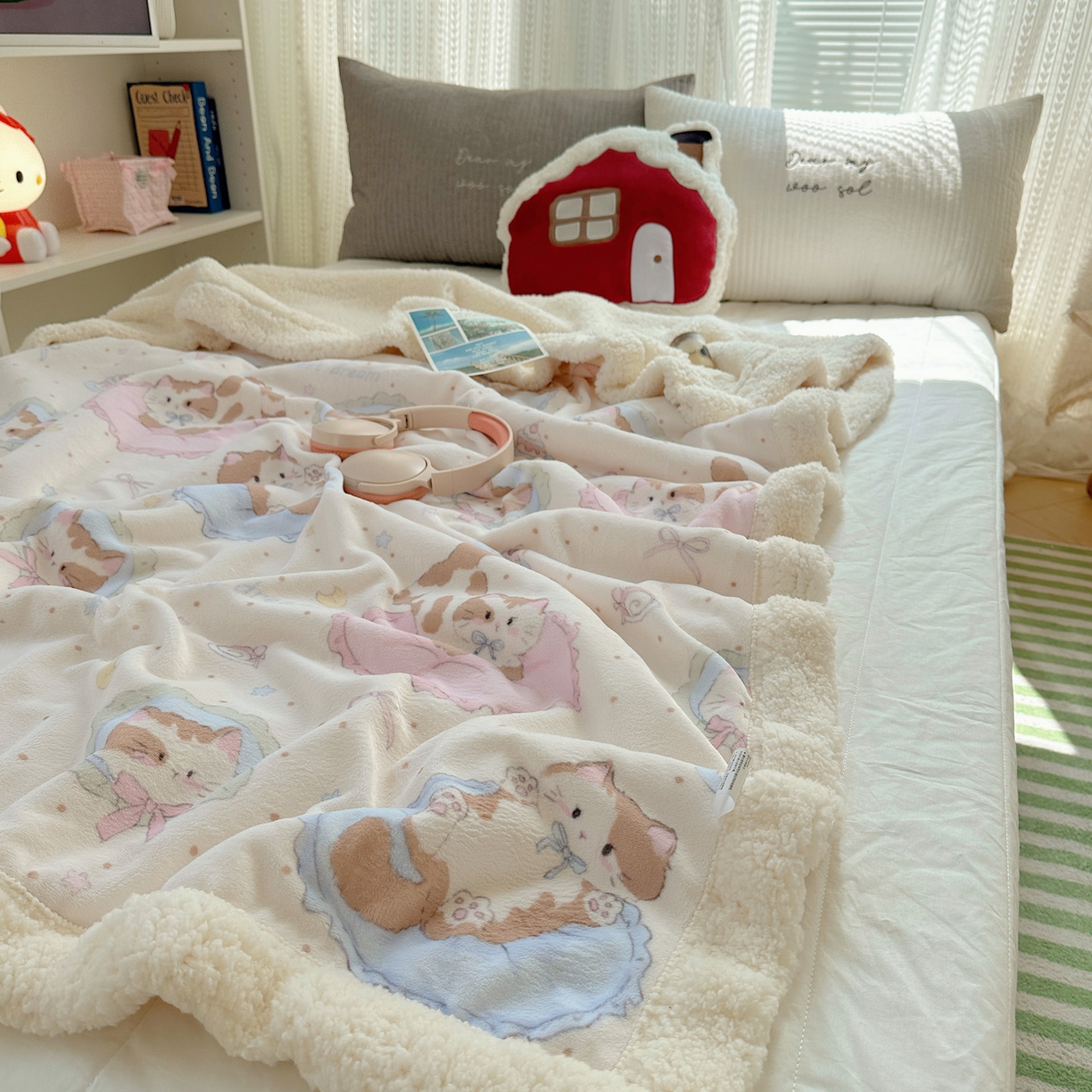 91家纺网 家纺一手货源 找家纺 六巷胡同 2025新款INS卡通A类牛奶绒羊羔绒毛毯毯子 萝莉猫咪崽