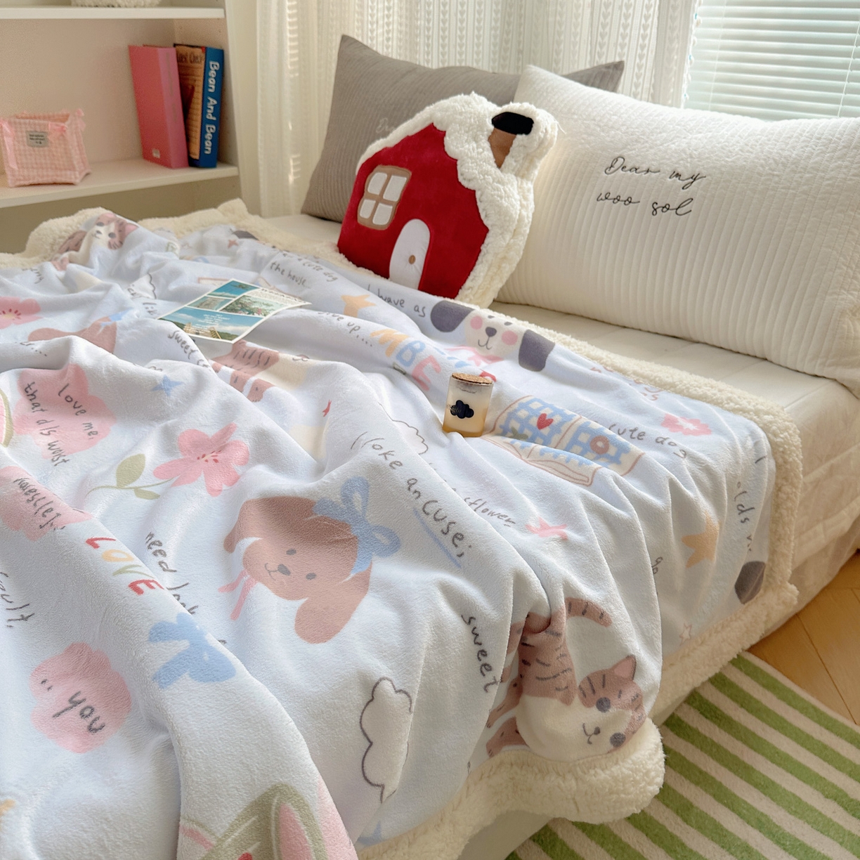 91家纺网 家纺一手货源 找家纺 六巷胡同 2025新款INS卡通A类牛奶绒羊羔绒毛毯毯子 猫狗小课堂