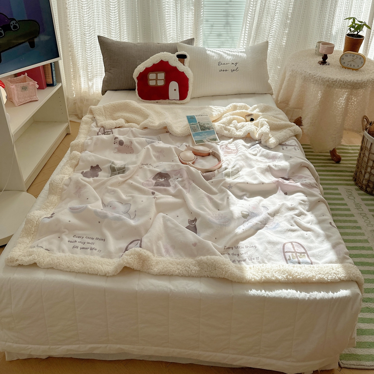 91家纺网 家纺一手货源 找家纺 六巷胡同 2025新款INS卡通A类牛奶绒羊羔绒毛毯毯子 萌象周末趴