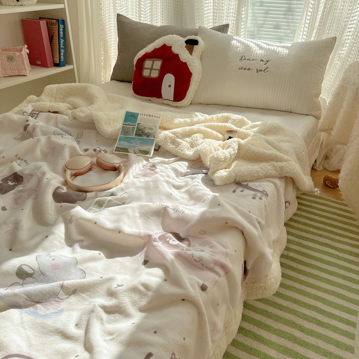 91家纺网 家纺一手货源 找家纺 六巷胡同 2025新款INS卡通A类牛奶绒羊羔绒毛毯毯子 萌象周末趴