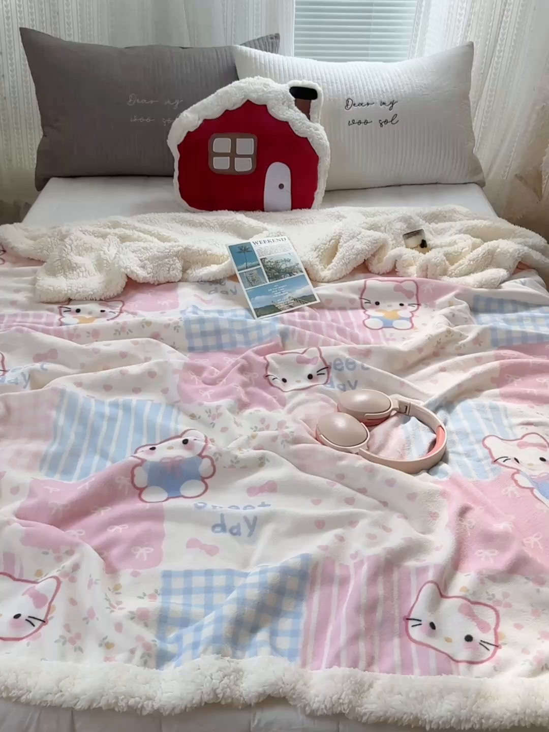 91家纺网 家纺一手货源 找家纺 六巷胡同 2025新款INS卡通A类牛奶绒羊羔绒毛毯毯子 软萌碎花猫