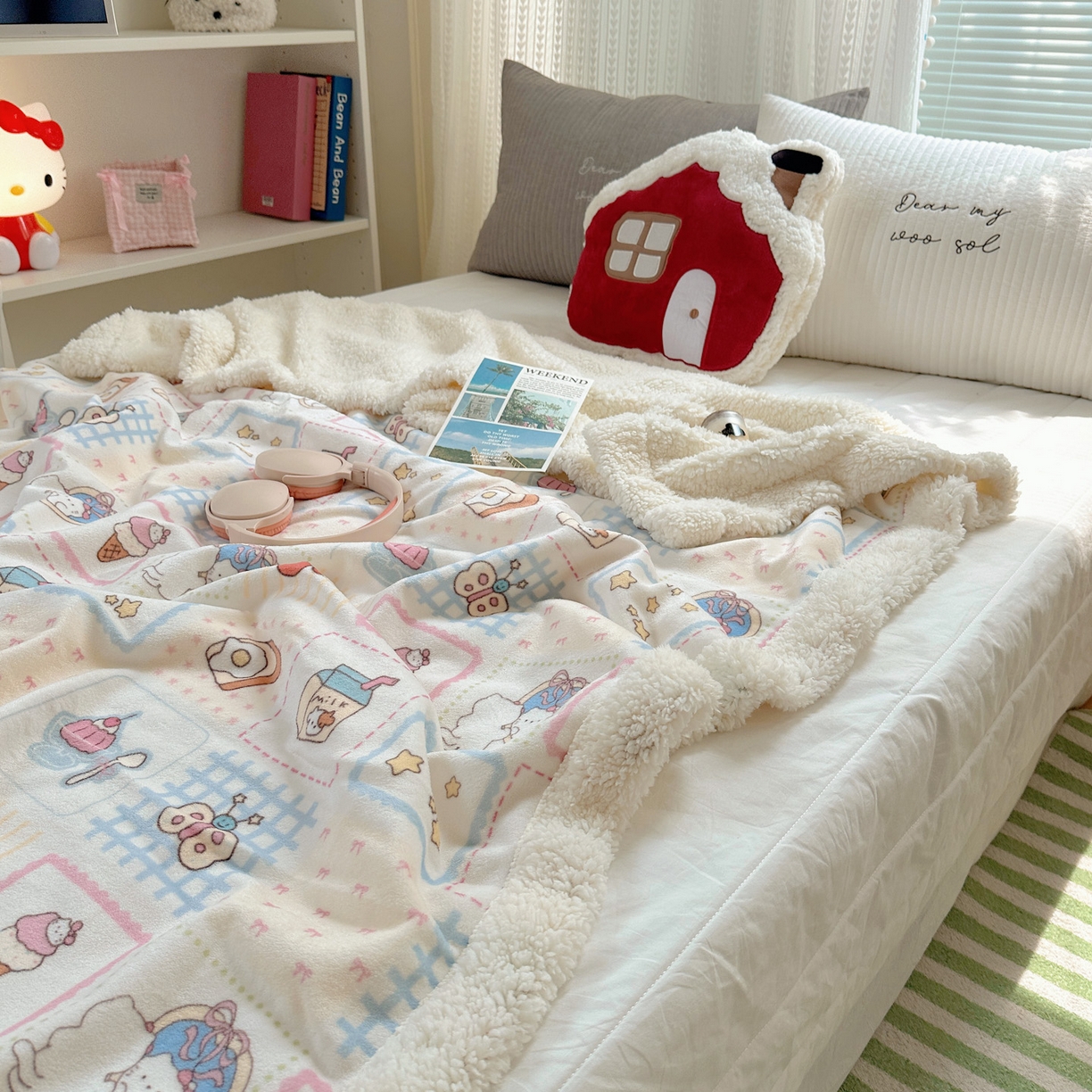 91家纺网 家纺一手货源 找家纺 六巷胡同 2025新款INS卡通A类牛奶绒羊羔绒毛毯毯子 甜点聚会喵