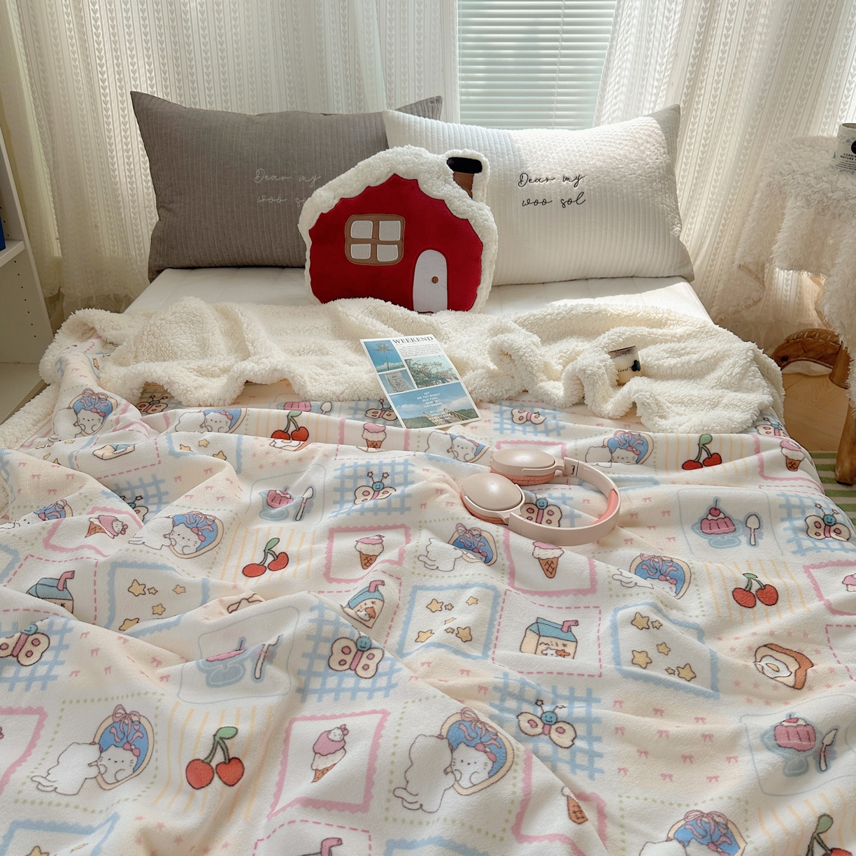 91家纺网 家纺一手货源 找家纺 六巷胡同 2025新款INS卡通A类牛奶绒羊羔绒毛毯毯子 甜点聚会喵