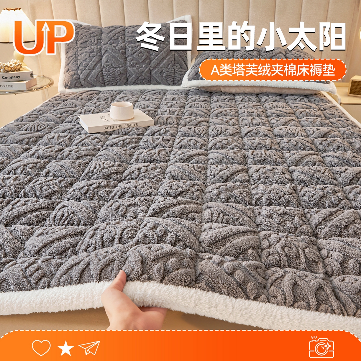 91家纺网 家纺一手货源 找家纺 雯豆家纺 2025秋冬新款加厚塔芙绒床垫床褥床护垫双人床纯色素色垫子 塔芙绒床褥-英伦深空灰