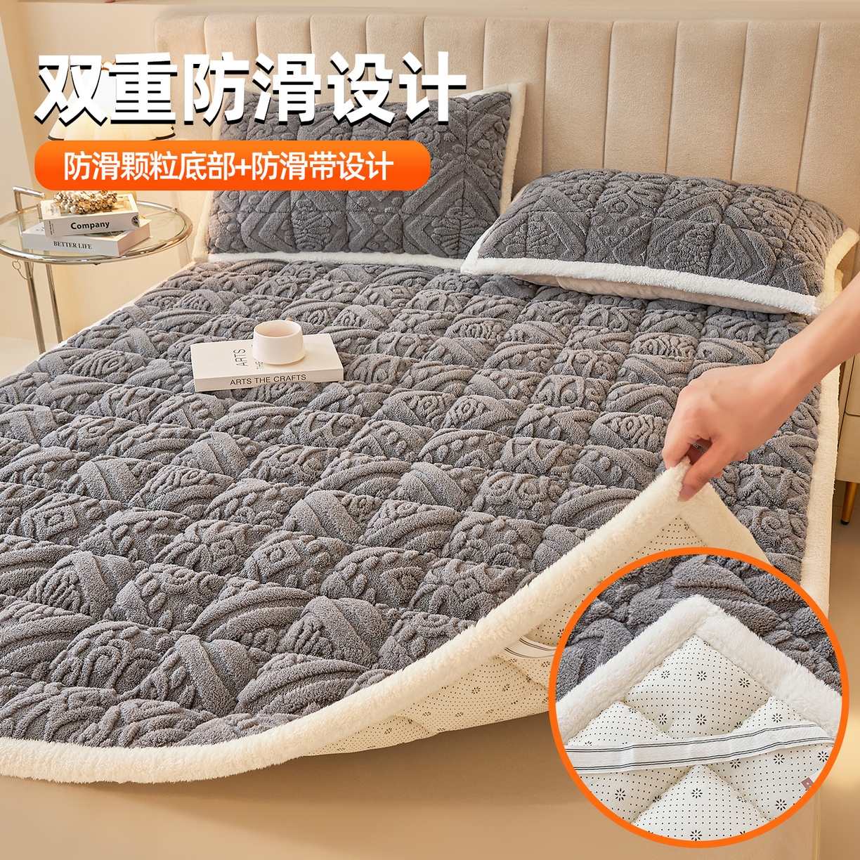 91家纺网 家纺一手货源 找家纺 雯豆家纺 2025秋冬新款加厚塔芙绒床垫床褥床护垫双人床纯色素色垫子 塔芙绒床褥-英伦深空灰