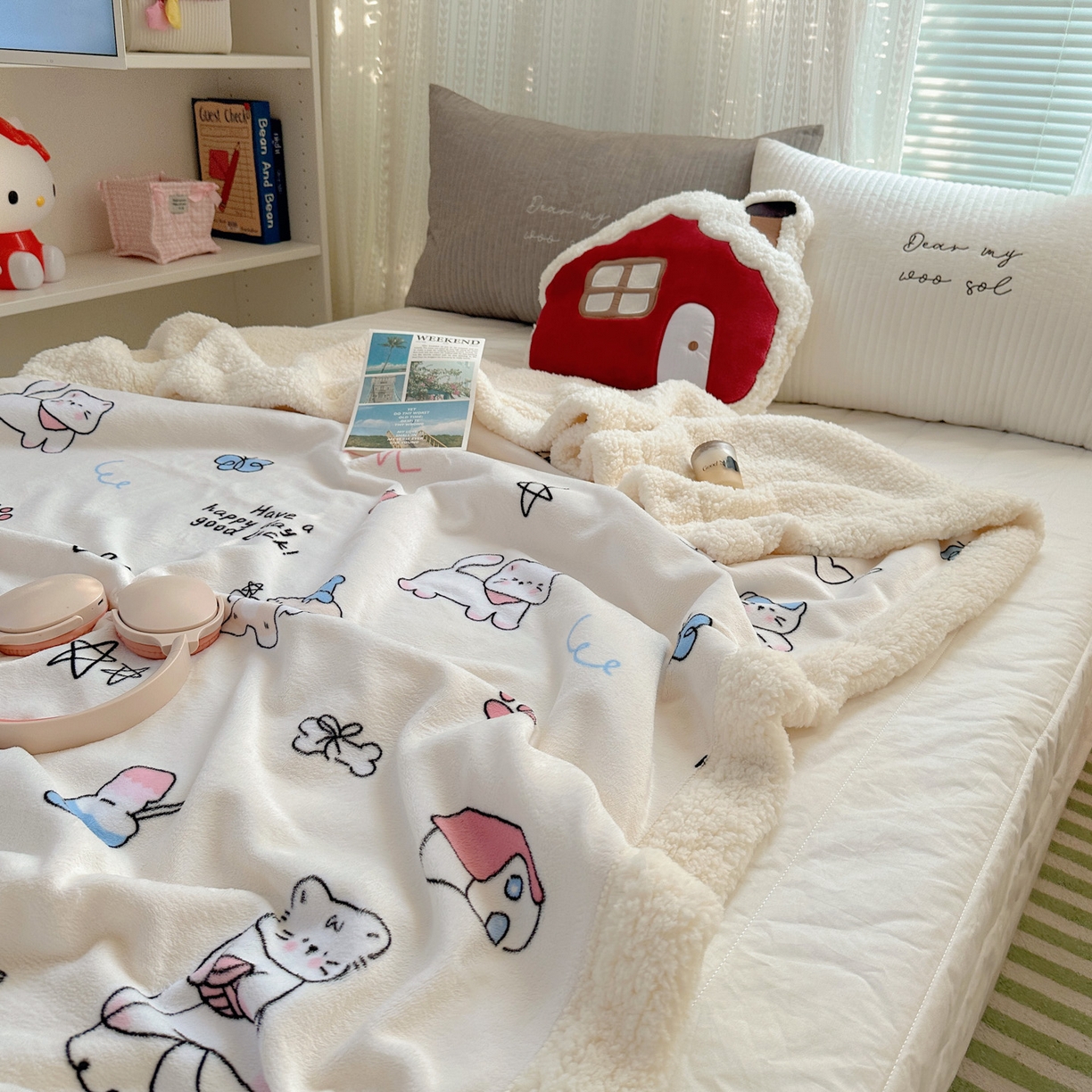 91家纺网 家纺一手货源 找家纺 六巷胡同 2025新款INS卡通A类牛奶绒羊羔绒毛毯毯子 羞羞蝴蝶喵