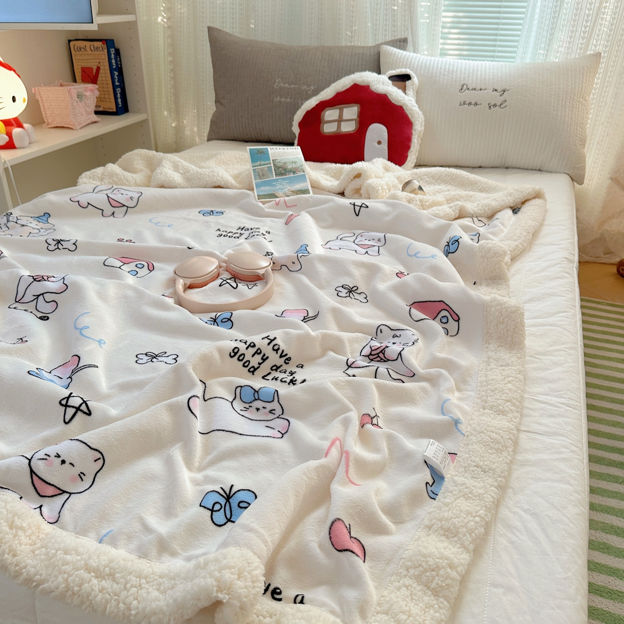 91家纺网 家纺一手货源 找家纺 六巷胡同 2025新款INS卡通A类牛奶绒羊羔绒毛毯毯子 羞羞蝴蝶喵