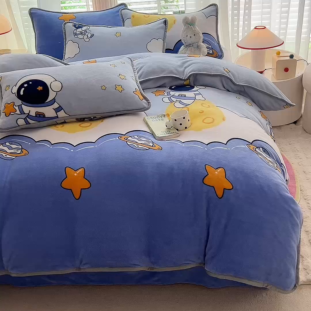 91家纺网 家纺一手货源 找家纺 518 高克重200g印花牛奶绒单被套（支持定制任意尺寸） 遨游太空蓝