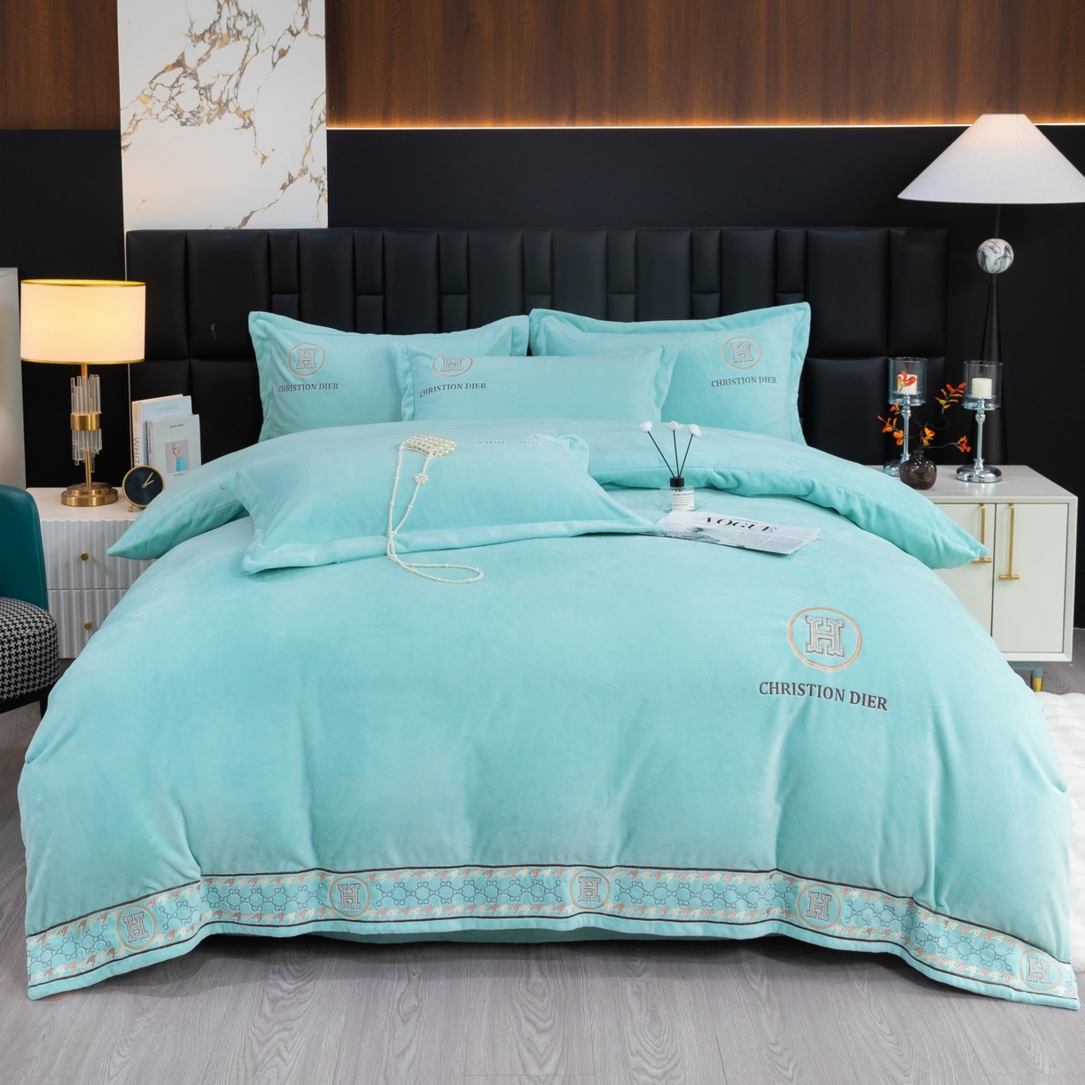 91家纺网 家纺一手货源 找家纺 优姿家纺 2025新款75D全光慕丝绒保暖四件套-摩登时代 摩登时代-湖兰