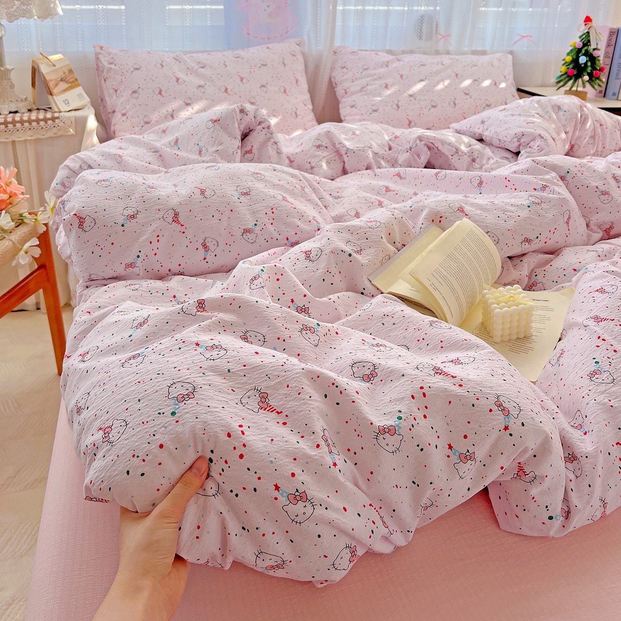 91家纺网 家纺一手货源 找家纺 （总）奈颜 2025新款三丽鸥爆款云感双层纱印花四件套学生宿舍三件套-含防伪吊牌-提供买家秀