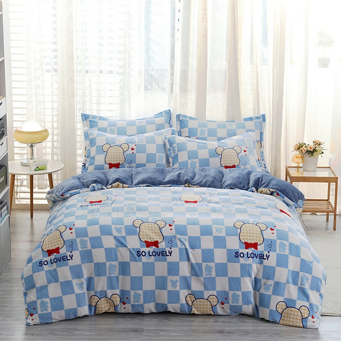 宝薇 2025新款加厚保暖简约风小版印花牛奶绒四件套 酷酷熊蓝