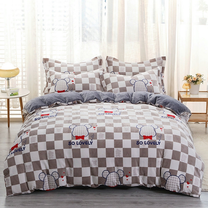 宝薇 2025新款加厚保暖简约风小版印花牛奶绒四件套 酷酷熊灰