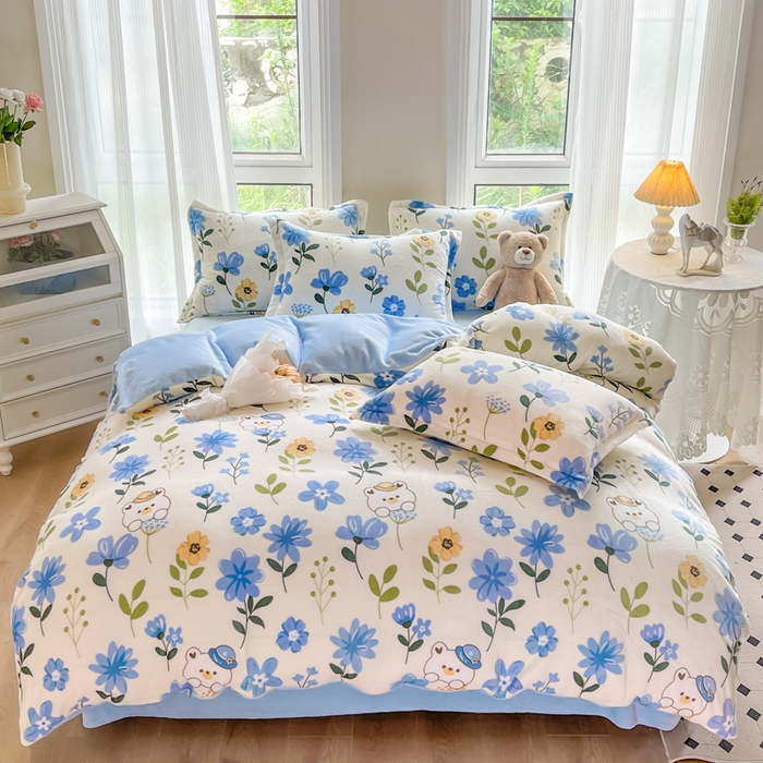 宝薇 2025新款加厚保暖简约风小版印花牛奶绒四件套 蓝色心情