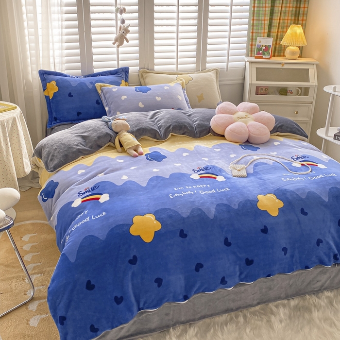 91家纺网 家纺一手货源 找家纺 宝薇 2025新款加厚保暖简约风小版印花牛奶绒四件套 满天星