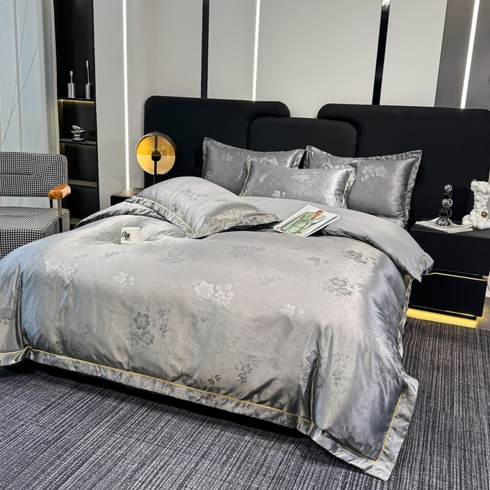 91家纺网 家纺一手货源 找家纺 栩裕纺织 2025新款提花宋锦缎四件套 莫斯灰