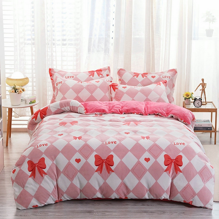 宝薇 2025新款加厚保暖简约风小版印花牛奶绒四件套 蝴蝶结