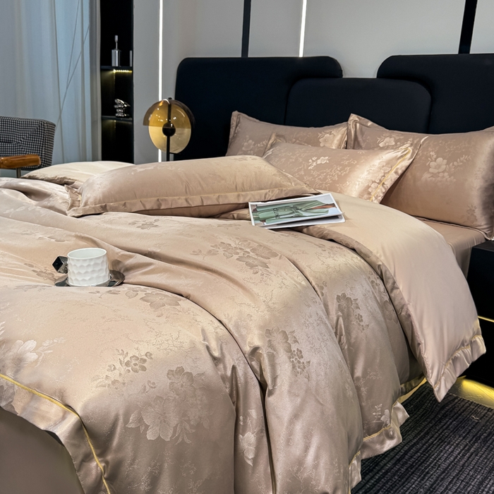 91家纺网 家纺一手货源 找家纺 栩裕纺织 2025新款提花宋锦缎四件套 素茶咖