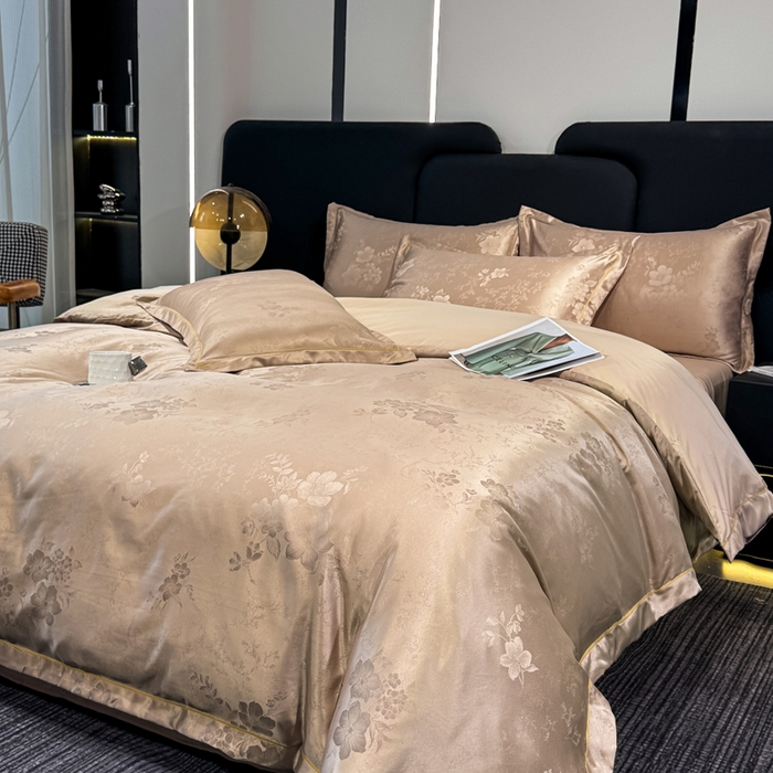 91家纺网 家纺一手货源 找家纺 栩裕纺织 2025新款提花宋锦缎四件套 素茶咖