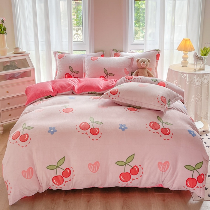 宝薇 2025新款加厚保暖简约风小版印花牛奶绒四件套 大樱桃