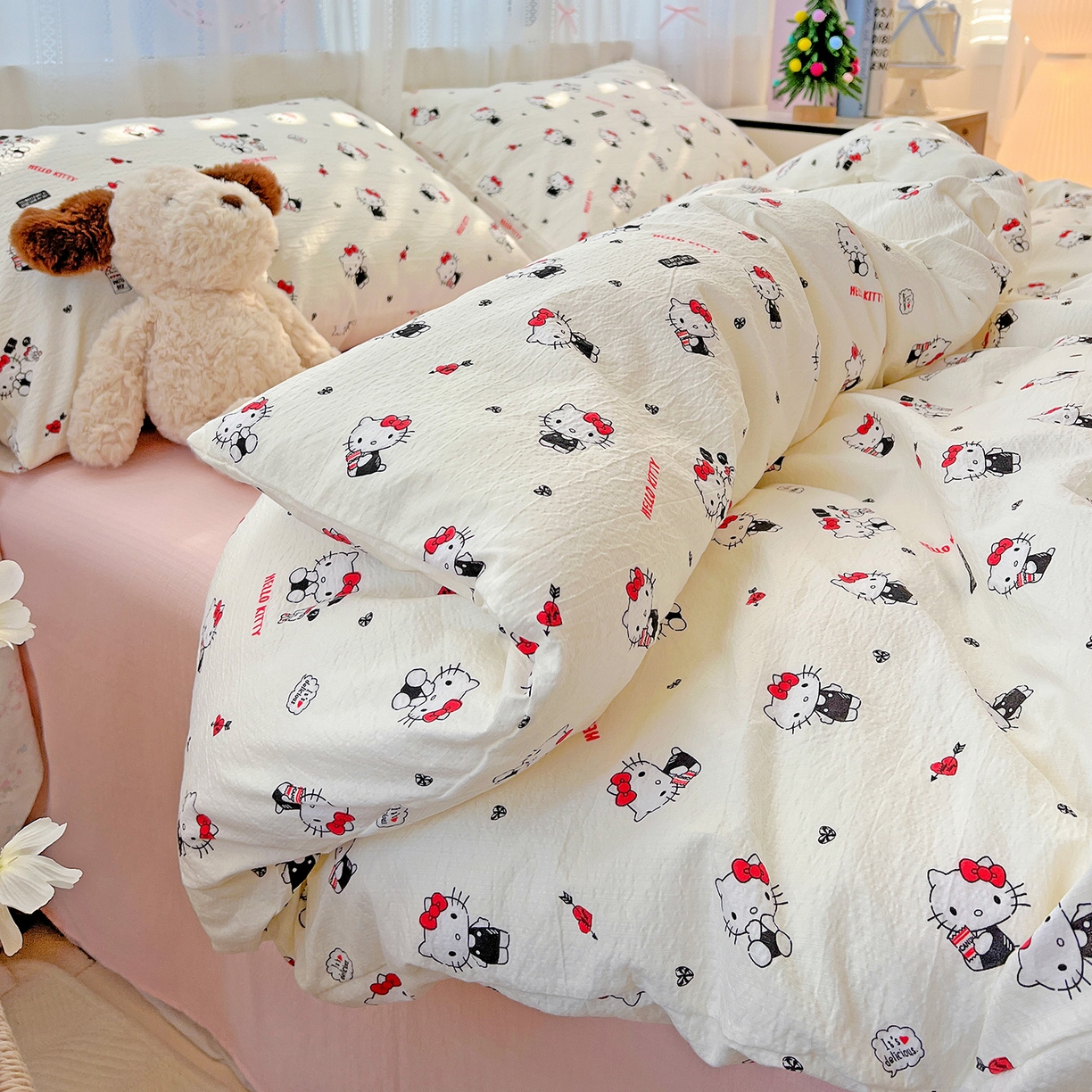 91家纺网 家纺一手货源 找家纺 奈颜 2025新款三丽鸥爆款云感双层纱印花四件套学生宿舍三件套-含防伪吊牌-提供买家秀 嗨皮KT